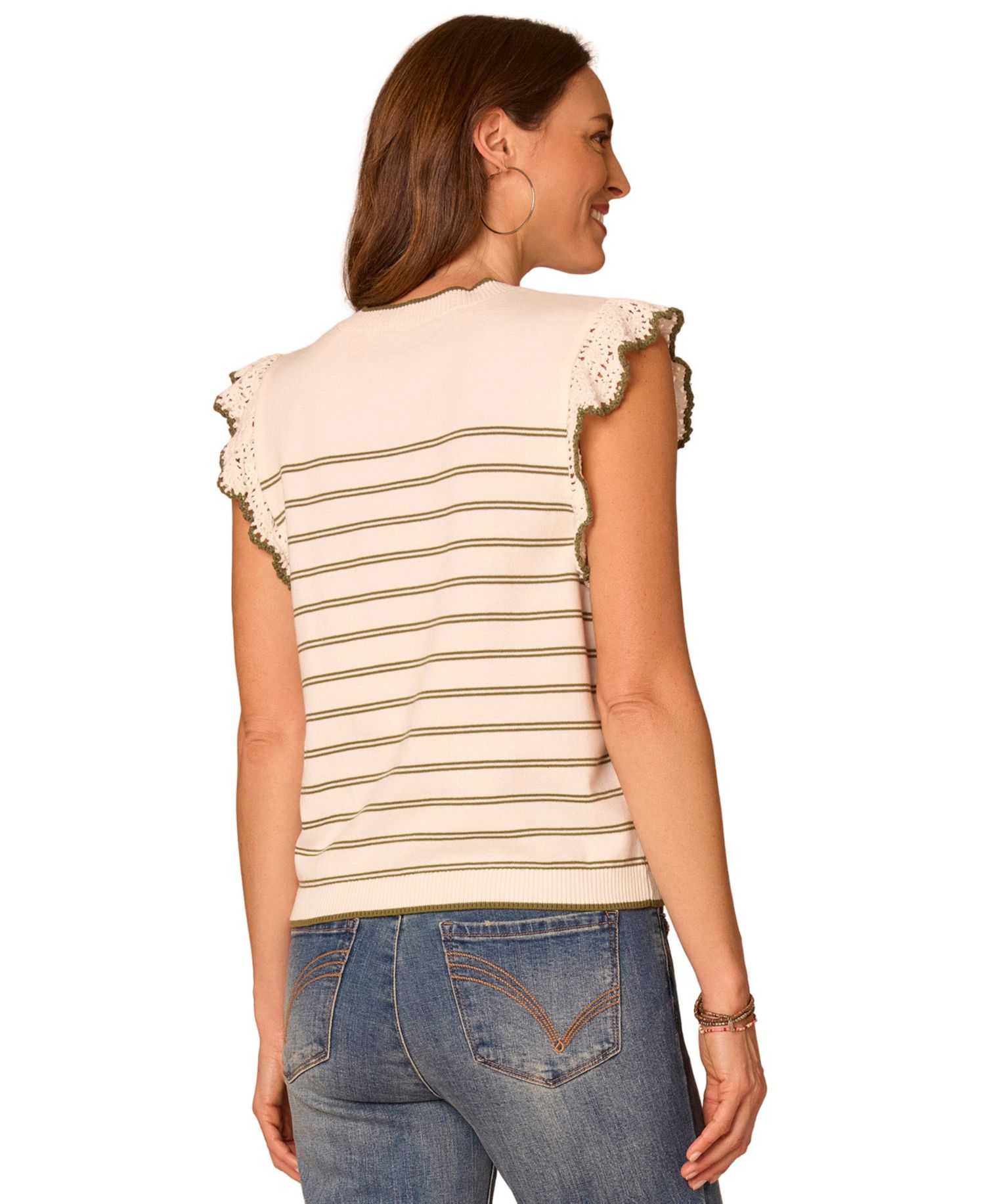 Petite Crochet-Sleeve Striped Round Neck Sweater Tank