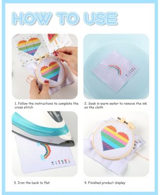 Cross Stitch Beginner Kit Kids 7-13 6 Project Patterns 2 Hoops 12 Skeins Starter Sewing Set Christmas Gift