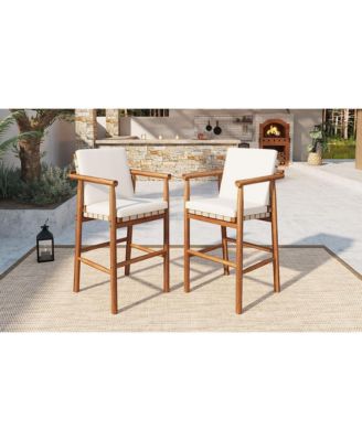 Set of 2 Outdoor Counter Height Bar Stools with Acacia Wood Frame, Backrest and Webbing Seat