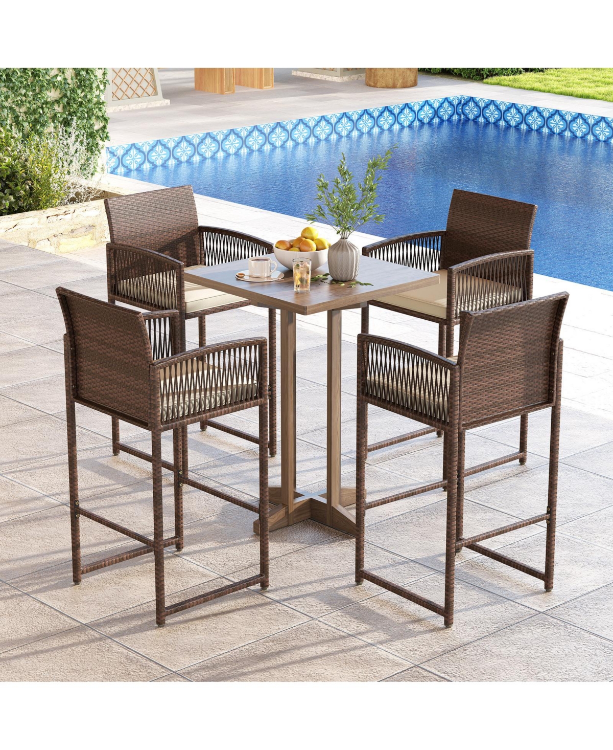 sumyeg Outdoor Pe Wicker Bar Stools Set of 2 with Cushions