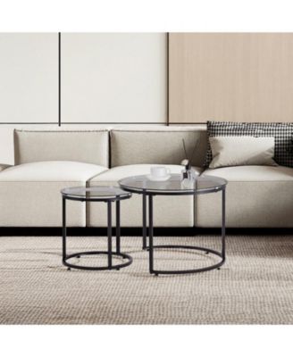 Nesting Coffee Table Set of 2, 23.6" Round Glass Tables for Small Spaces