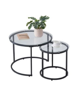 Nesting Coffee Table Set of 2, 23.6" Round Glass Tables for Small Spaces