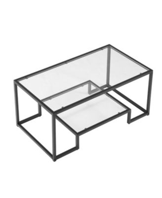 Coffee Table, Tempered Glass Center Table, 2-Tier with Open Storage for Living Room
