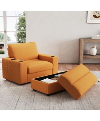 42.8" Corduroy Sleeper Couch with Storage Ottoman, Cup Holders and USB Charging, Oversized Chaise Lounge Sofa Bed for Living Room