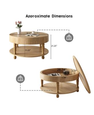 Round Solid Wood Coffee Table, Modern Center Table with Hidden Storage, Two-Tier Design for Living Room, Office