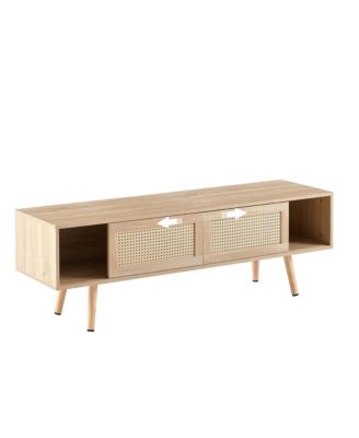 55.12" Rattan Coffee Table - Double Sliding Doors for Storage, Adjustable Shelf, Solid Wood Legs for Living Room