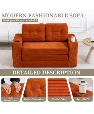 Boneless Convertible Sofa Bed, Soft Corduroy Loveseat with Cup Holders and Pillows, Space Saving Fold Out Floor Couch for Home