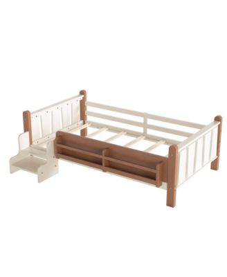 Kids Floor Bed Frame with Storage Bookcases and Stairs, Twin Size Solid Wood Low Profile Bed with Guardrails for Boys Girls