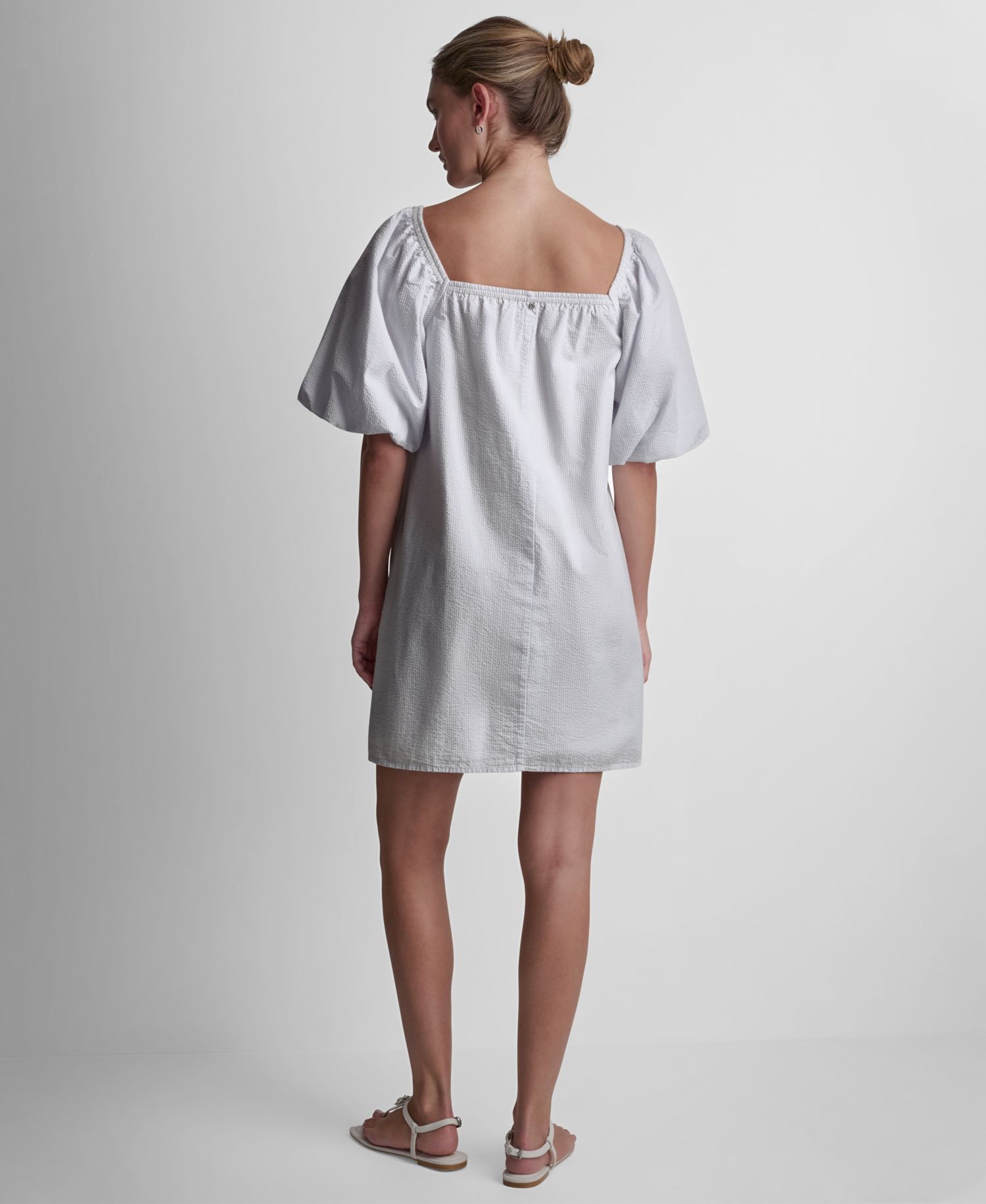 Women's Half Puff-Sleeve Seersucker Mini Dress with Square Neckline