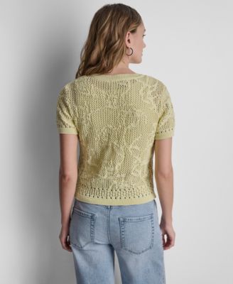 Women's Short Sleeve Crew Neck Floral Pointelle Cardigan