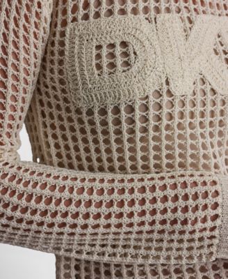 Women's Long-Sleeve Pointelle crochet open-stitch Boat Neck Logo Sweater 