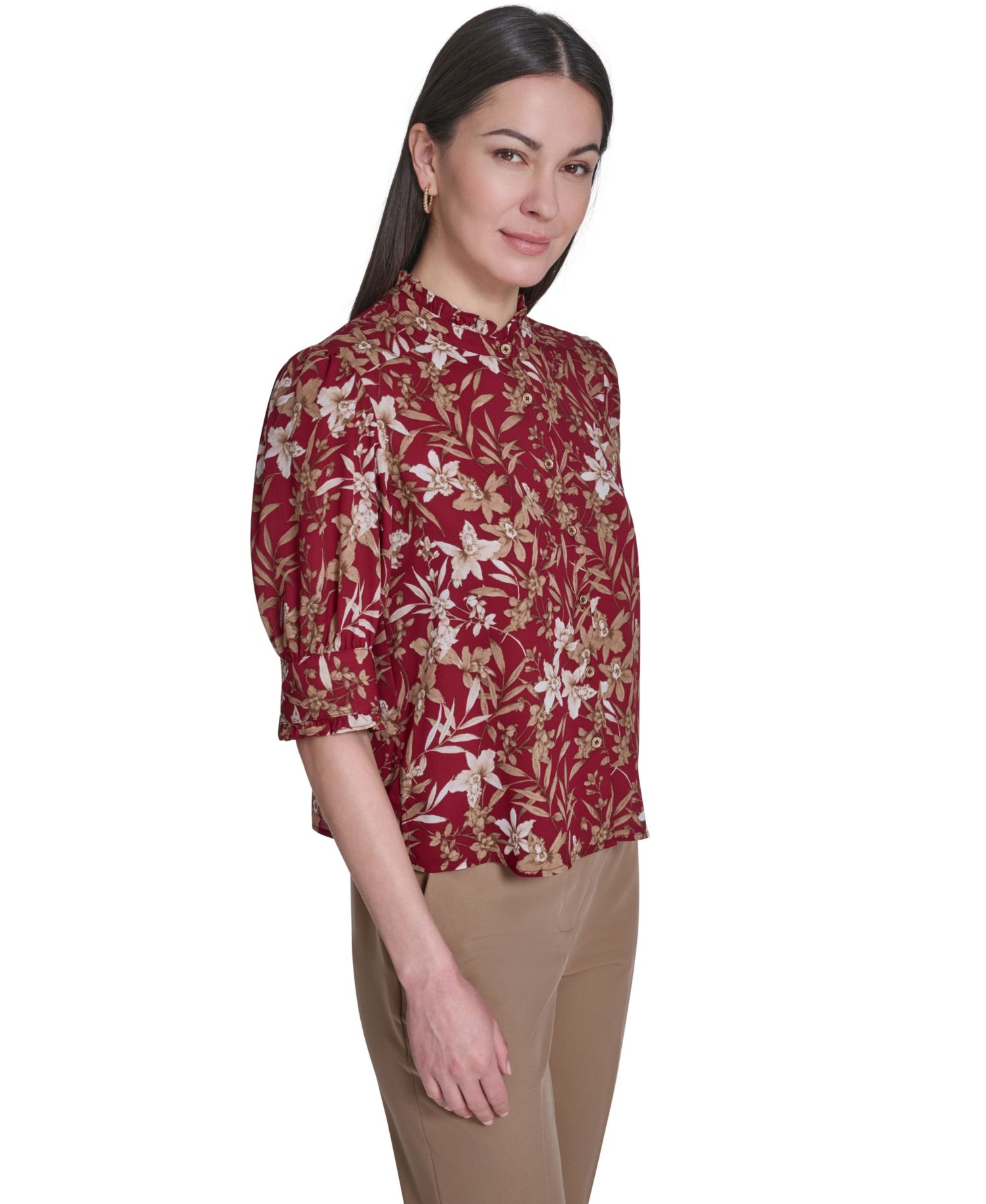 Women's Ruffle Puff-Sleeve Collared Shirt