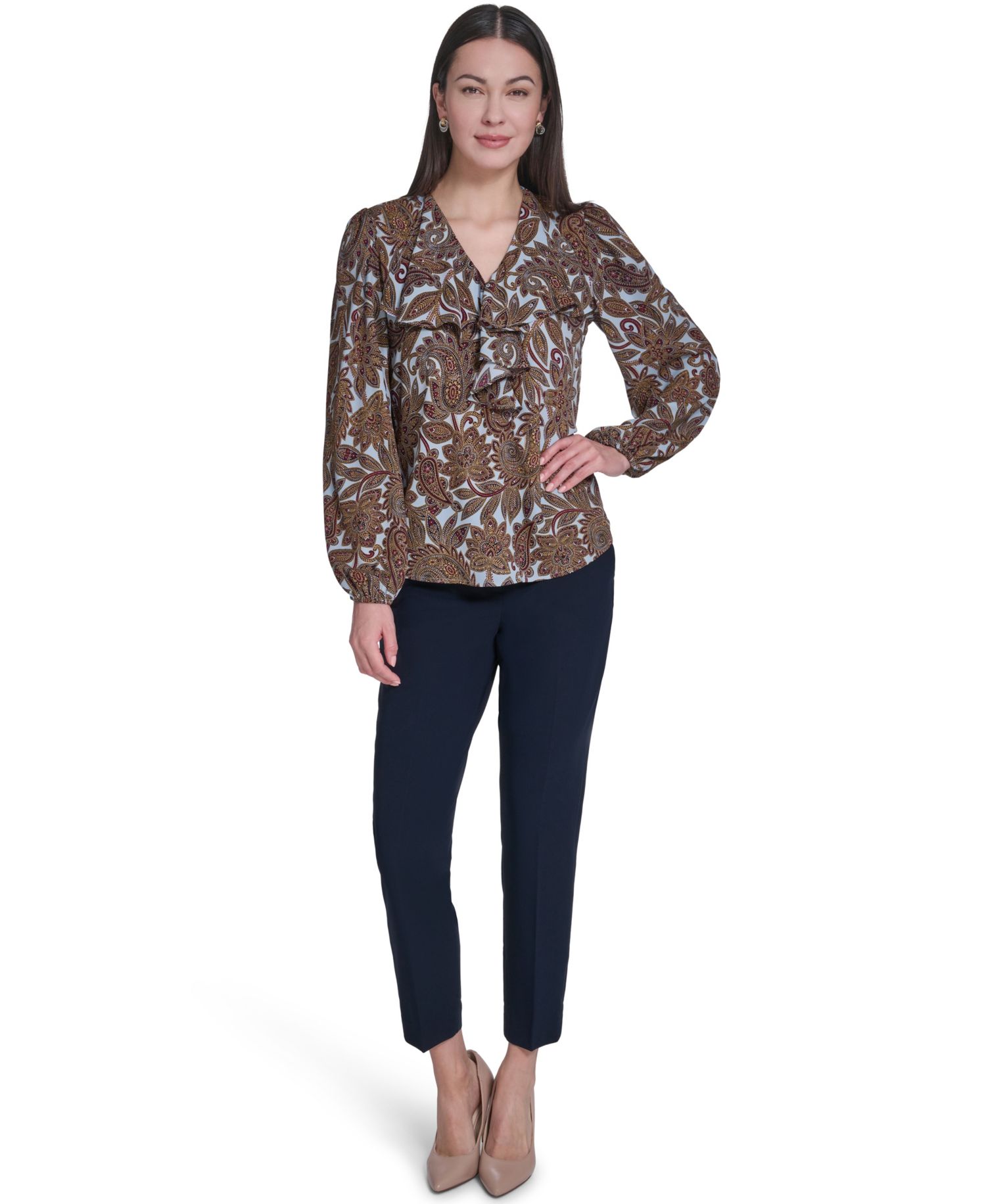 Women's V-Neck Long-Sleeve Ruffle Blouse