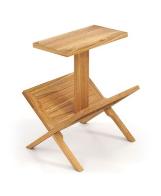 Teak Wood 2-Tier Side Table with Built-In Magazine Rack