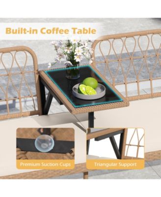 Outdoor PE Rattan Loveseat with Built In Table and Cushions