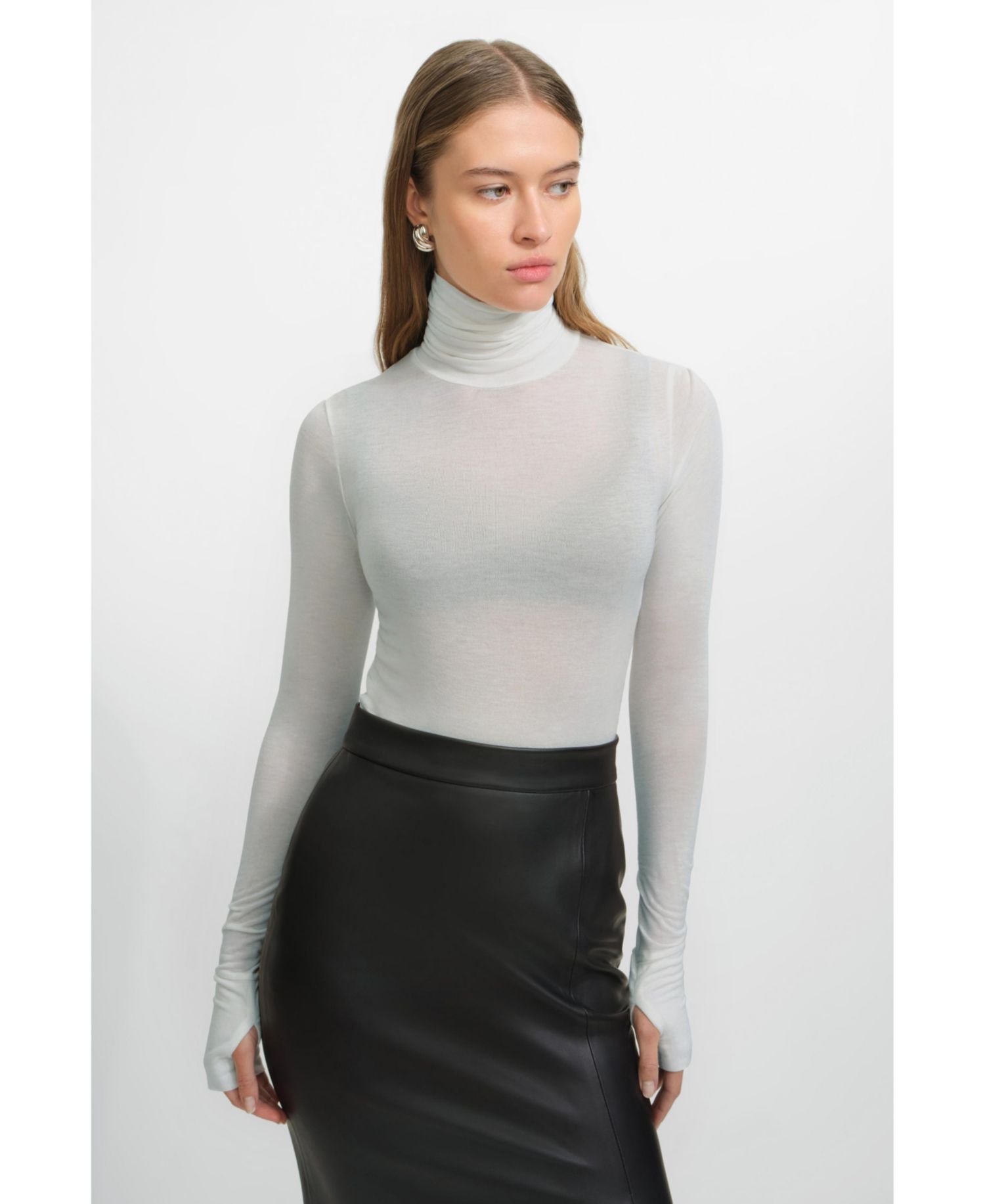 Women's Eloise Extra-Long Sheer Jersey Fitted Turtleneck with Thumbholes