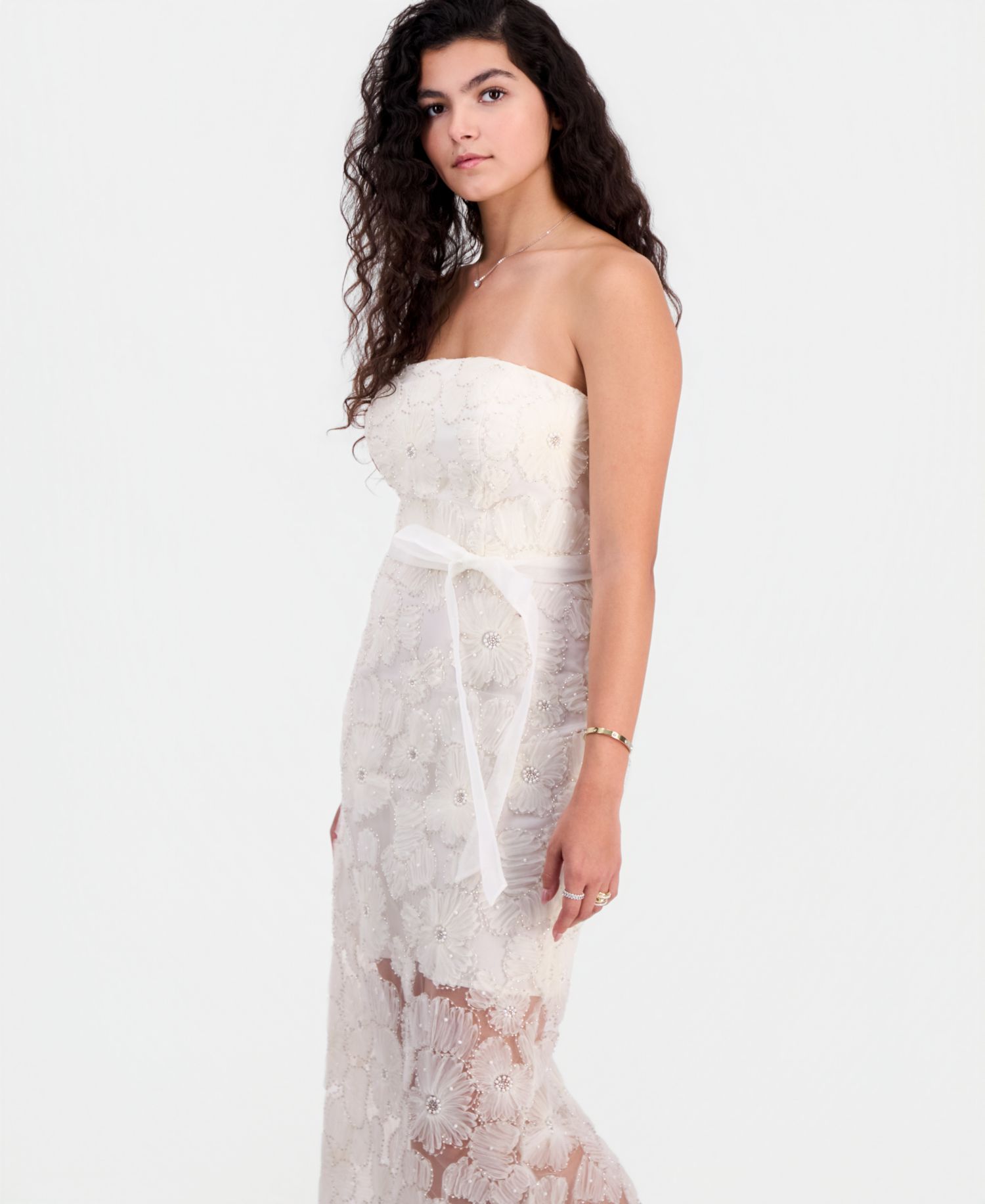 Women's Beaded Floral Strapless Midi Dress