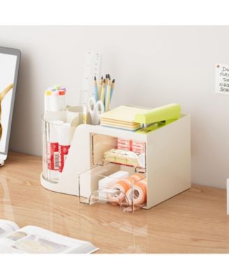 Desk Organizer Rotating Pen Holder 2 Drawer Storage 6 slots