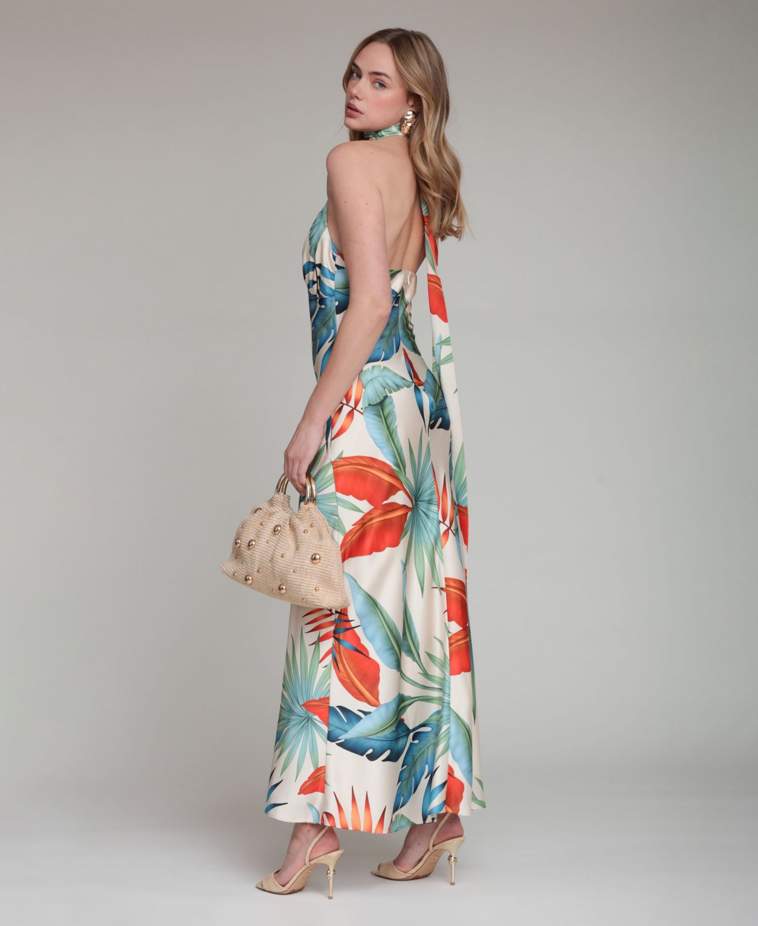 Women's Printed Halter Scarf-Tie Maxi Dress