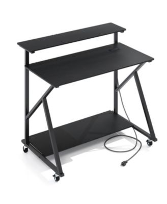 Rolling Workstation Desk with Monitor Shelf and Charging Storage