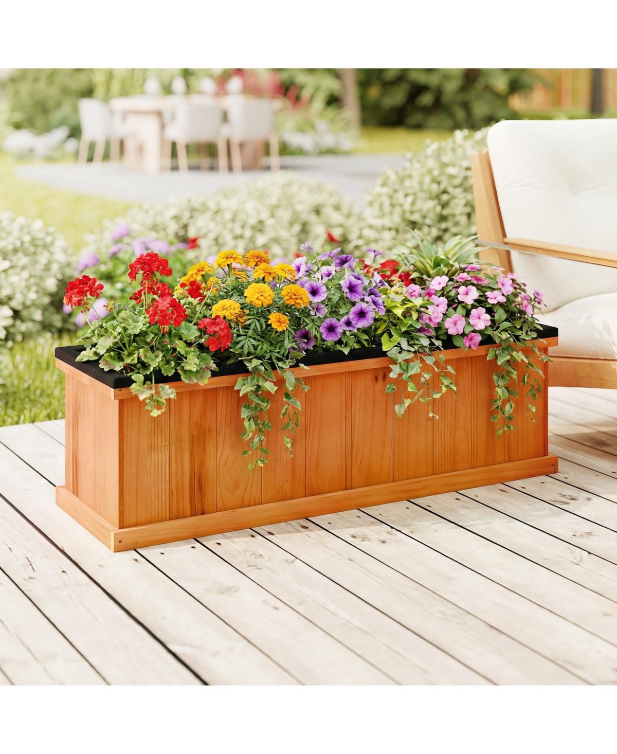 Gymax Wood Raised Garden Bed w/Drainage Holes and Liner for Flowers Vegetables Herbs