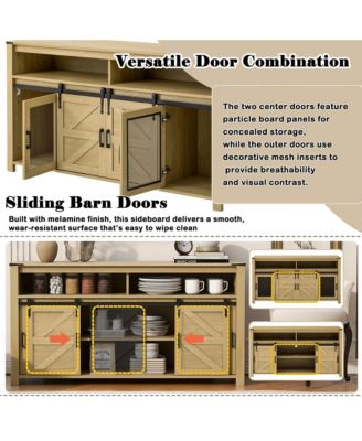 Farmhouse Buffet Cabinet with Sliding Barn Doors, Mesh Panels and Open Storage Cubbies for Living Room, Kitchen and Dining Room