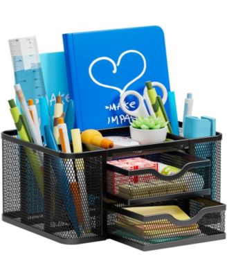 Mesh Desk Organizer Pen Holder 2 Drawer 5 Compartments Office