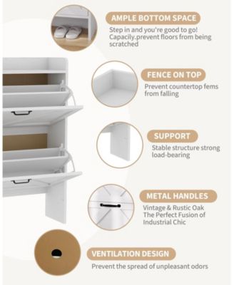 Farmhouse Shoe Cabinet with 2 Flip Drawers, White, Slim Entryway Storage with Metal Legs