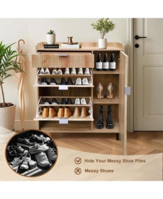 Oak Wavy Shoe Cabinet with 2 Flip Drawers and 2 Small Drawers, Metal Legs, 9.45 in Deep Slim Entryway Storage Organizer