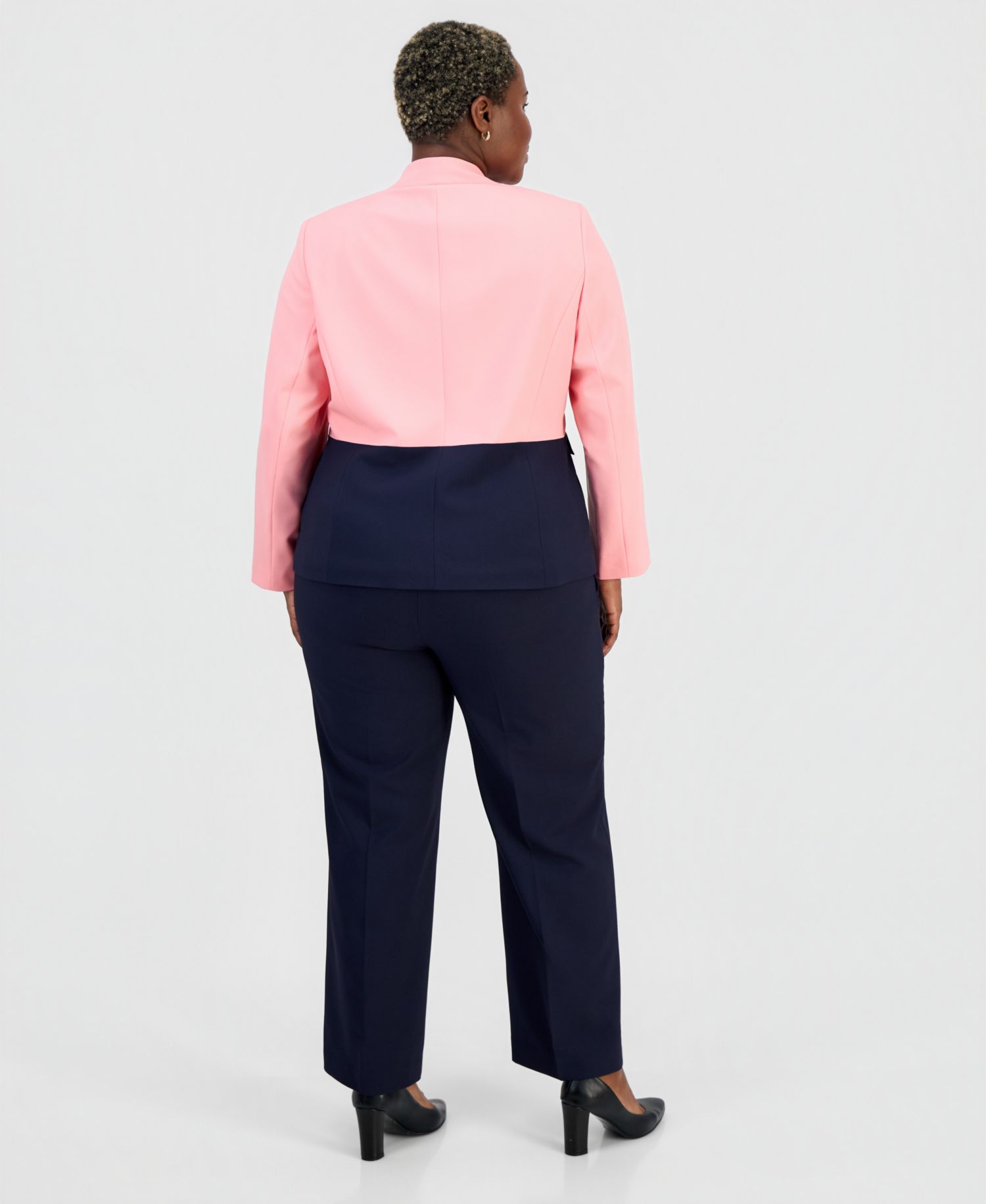 Plus Size Colorblocked One-Button Peplum Jacket & Fly-Front Wide-Leg Pants Suit