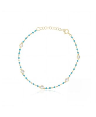  Enamel Bead CZ Chain Bracelet 14K Gold Plated Sterling Silver