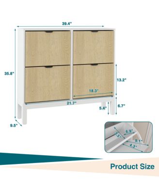 Fluted Shoe Cabinet with 4 Flip Drawers, White and Oak, Slim Entryway Storage with Metal Legs