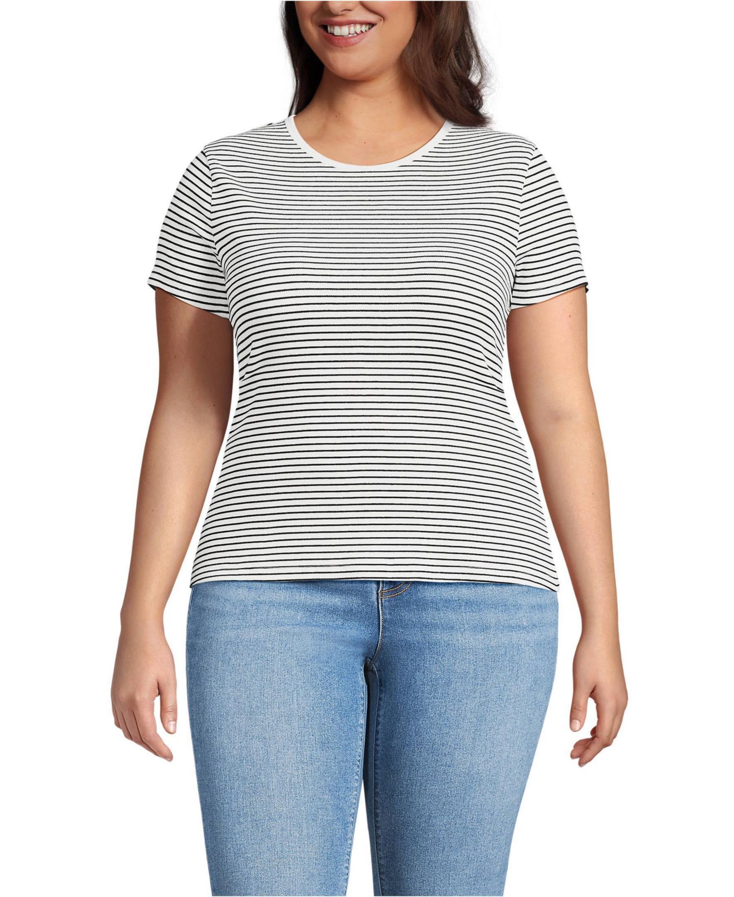 Женская футболка Lands' End Plus Size Short Sleeve Crew Neck Micro Rib Mini, цвет: Слоновая кость / Чёрный полосатый — фото 1