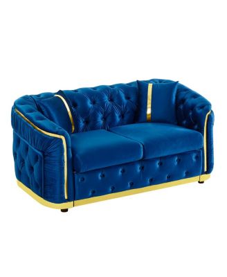 Mid Century Modern Chesterfield Loveseat Couch, Velvet Blue & Gold Tufted Sofa