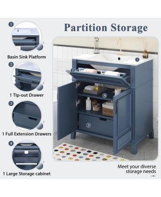 30"  Bathroom Vanity with Ceramic Sink, Solid Wood Frame & Soft Close Drawers for Modern Home