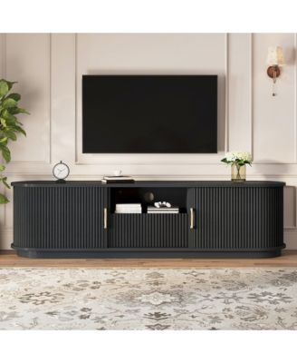 Farmhouse Fluted TV Stand, Media Console with Sliding Wood Slatted Doors and Drawer, Suitable for TVs Up to 75" in Living Room