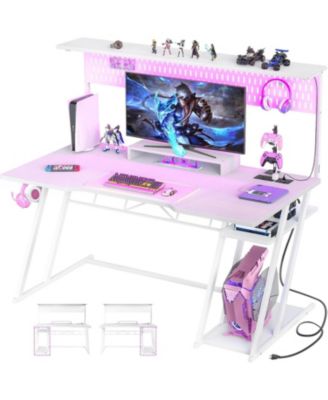 55'' Gaming Desk - Cumputer Desk with Hutch, Outlets, and LED Lights