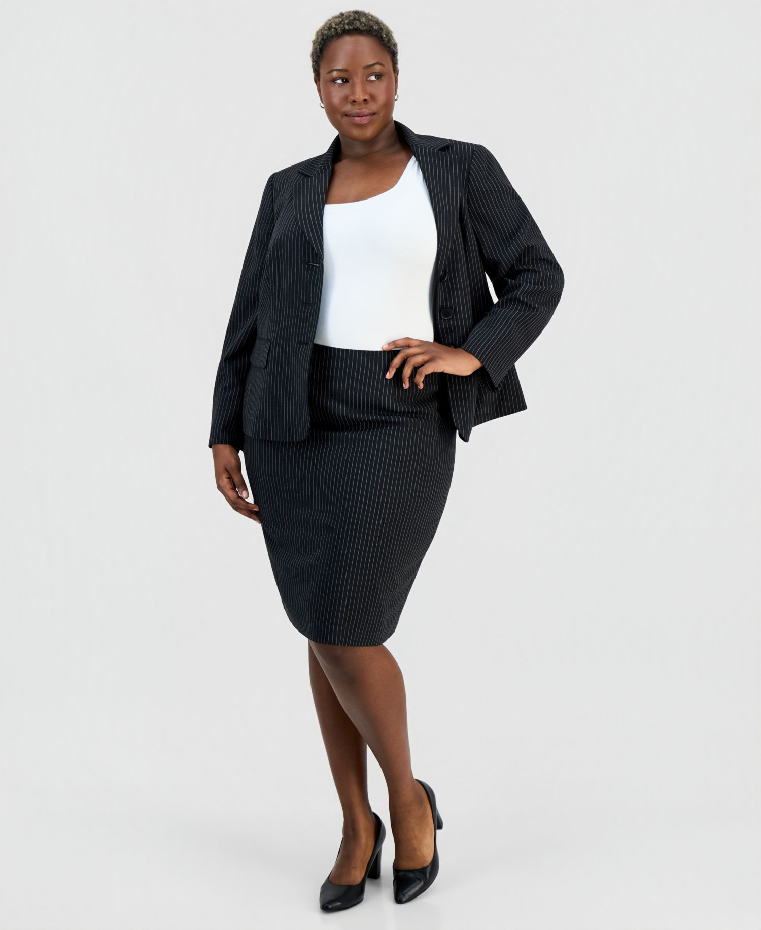 Plus Size Three-Button Notch-Collar Jacket & Slim Skirt Suit