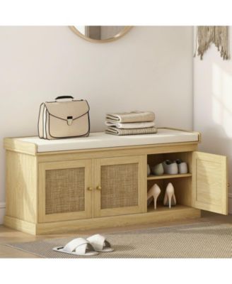 Shoe Bench Woven Rattan Doors Storage Cushion Adjustable Shelves 9 Pairs Boho Style Entryway Bedroom Living Room