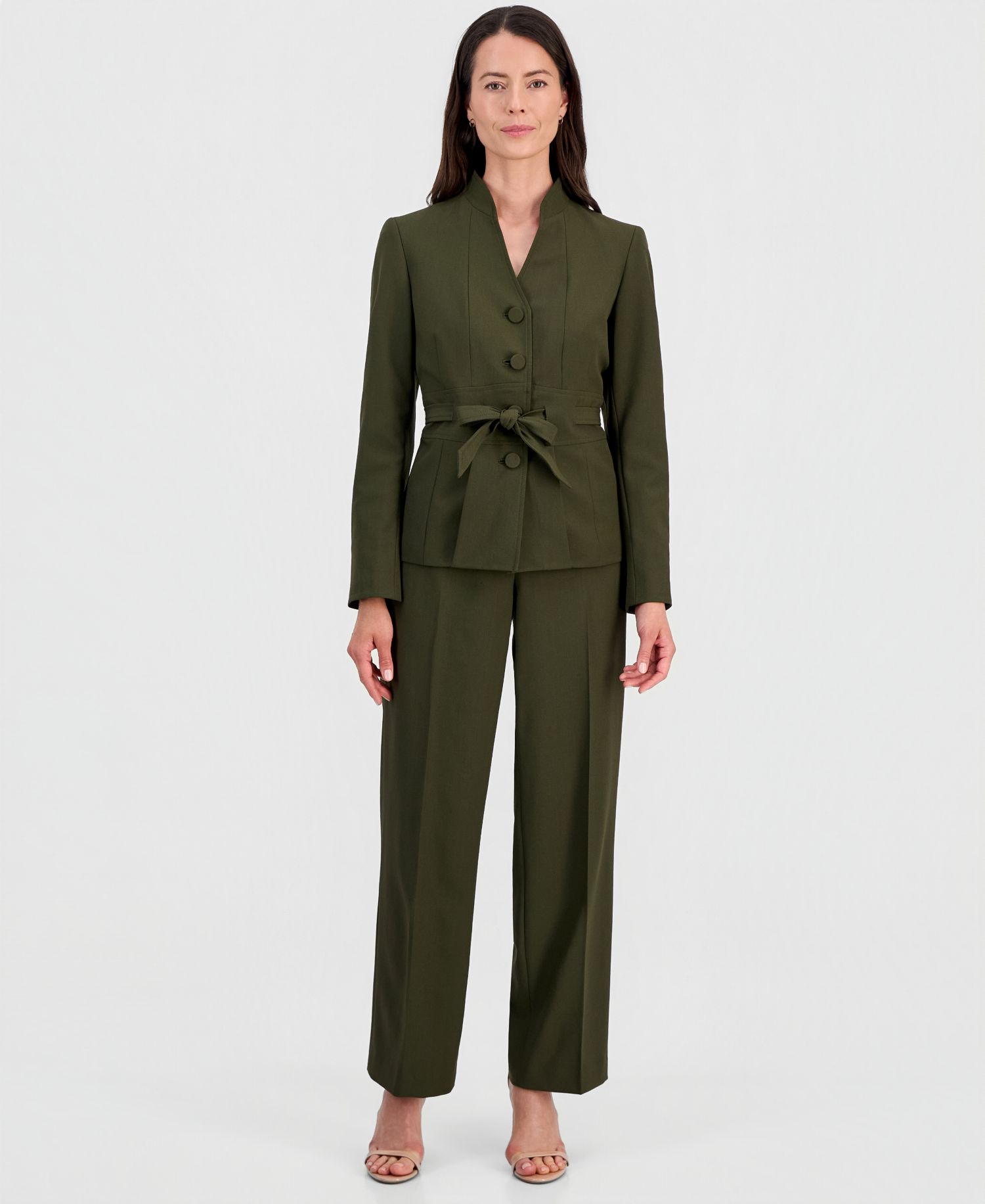 Women's Four-Button Belted Jacket & Fly-Front Wide-Leg Pants Suit