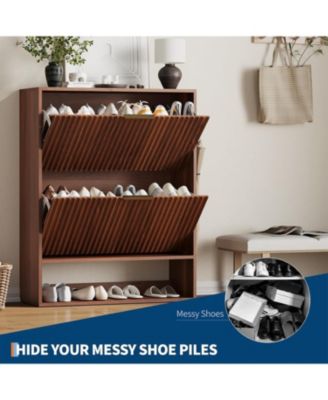 Fluted Shoe Cabinet with 2 Flip Drawers, Open Bottom Shelf and Side Hooks for Entryway Storage