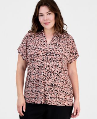Plus Size Printed Gathered V-Neck Top