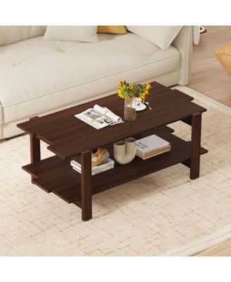 2 Tier Wood Coffee Table Slatted Design Storage Shelf