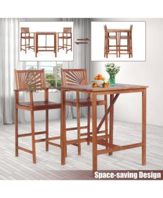 3-Piece Patio Acacia Wood Bar Set with Sunflower Pattern Backrest and Bar Table