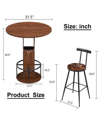 3-Piece Bar Table Set with 31.5-Inch Round Table and 2 Stools with Metal Footrest Ring
