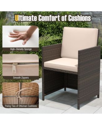 Set Of 9 Patio Dining Set with Tempered Glass Table and Ottoman Removable Cushions