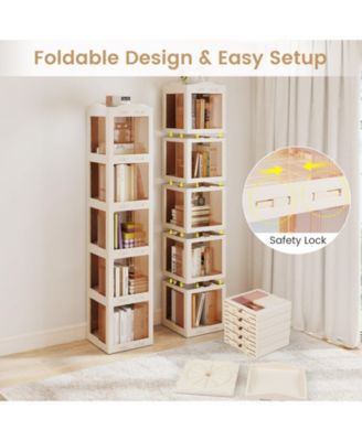 Five Tier Foldable Rotating Bookshelf with 360 Degree Swivel Base