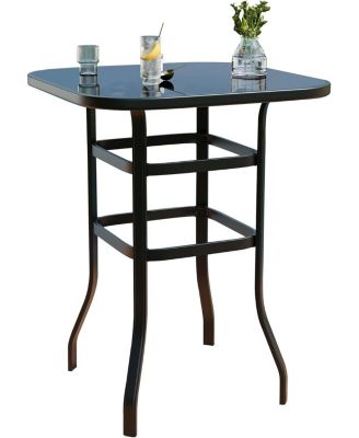 Patio Bar Height Table, Metal Frame Patio Bar Table Tempered Glass, Height High Top Outdoor Table for Backyard, Poolside and Garden