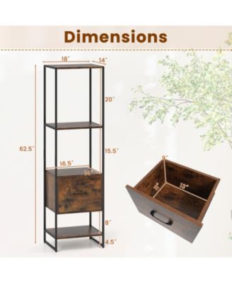 Narrow 5-Tier Bookcase with Open Shelves and Storage Drawer