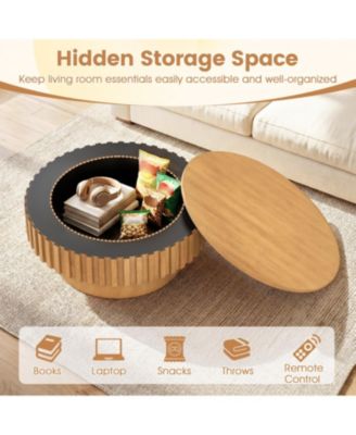 Modern Round Wooden Drum Coffee Table with Hidden Storage Compartment